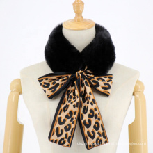 Womens Winter Faux Rabbit Plush Neck Warm Matching Leopard Bow Scarf Fur Wrap Collar Scarf Shawl